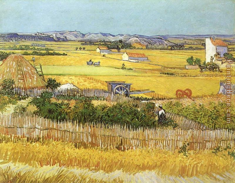 Harvest at La Crau_ with Montmaiour in the Background painting - Vincent van Gogh Harvest at La Crau_ with Montmaiour in the Background art painting
